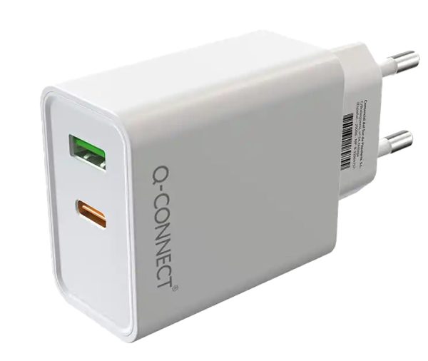 Carregador de parede q-connect duplo USB-A e USB-C 20W branco lateral FOLIS Lisboa