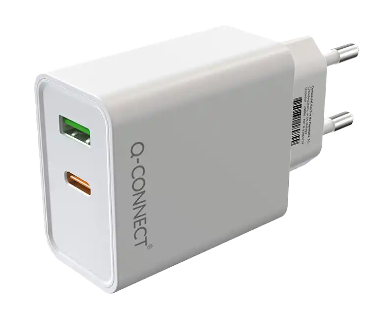 Carregador de parede q-connect duplo USB-A e USB-C 20W branco lateral FOLIS Lisboa